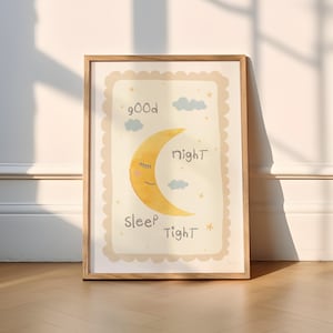 Good Night Sleep Tight Printable Wall Art – Moon and Stars Nursery Poster, Kids Room Bedtime Decor, Printable Poster