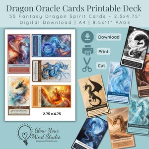 Baralho de cartas do oráculo do dragão para impressão – 55 cartas de espírito de dragão de fantasia 2,75 x 4,75