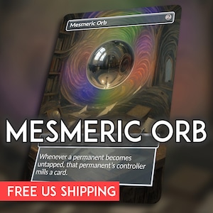 May include: A card featuring a reflective orb with a rainbow-colored swirl design. The card is labeled "Mesmeric Orb" with text below describing its function. The background shows a library setting.