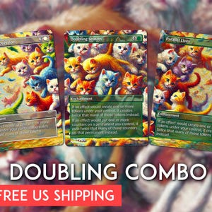 May include: Three Magic: The Gathering cards featuring colorful illustrations of kittens. The cards are titled "Anointed Procession", "Doubling Season", and "Parallel Lives". The text "DOUBLING COMBO" is displayed below the cards.