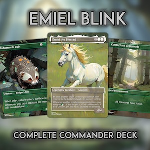 May include: A complete Commander deck featuring three Magic: The Gathering cards. The cards include "Emiel the Blessed," a white unicorn, "Badgermole Cub," and "Concordant Crossroads." The text "EMIEL BLINK" and "COMPLETE COMMANDER DECK" are also visible.