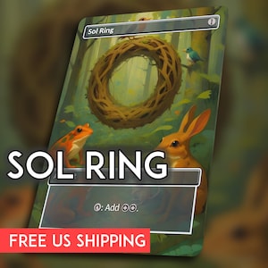 May include: A fantasy-themed card featuring a circular nest, a frog, and a rabbit. The card has the text "Sol Ring" at the top and "O: Add OO." at the bottom. The artwork is set in a forest with a blue bird.