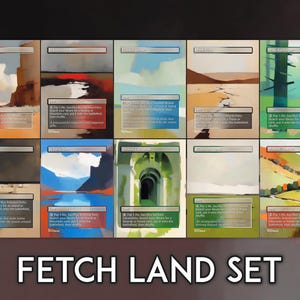 May include: A collection of ten fantasy art cards with landscape illustrations. The cards feature various terrains, including mountains, deserts, and forests. The text "FETCH LAND SET" is displayed at the bottom of the image.