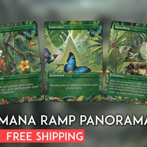 May include: Three Magic: The Gathering enchantment cards with lush jungle scenes. The cards feature butterflies, hummingbirds, and tropical flowers. Text at the bottom reads "MANA RAMP PANORAMA".