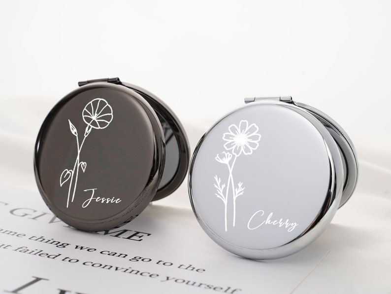 Custom Birth Flower Compact Mirror,Personalized Compact Mirror,Bride Bridesmaid Gifts,Bridesmaid Proposal Gifts,Gift for Mom,Pocket Mirror image 3