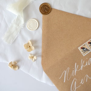keepsake envelope - signature style - hand scripted address | wedding stationery flat lay - prop styling - ribbon - wax seal - not mailable