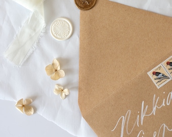 hand scripted keepsake envelope | wedding stationery styling kit, wax seal and ribbon
