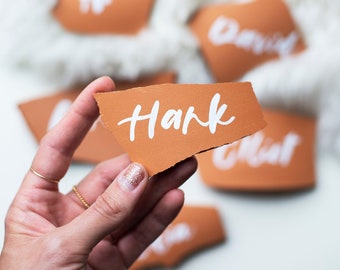 personalized terracotta shards with brushed calligraphy | desert themed, terra cotta, white ink