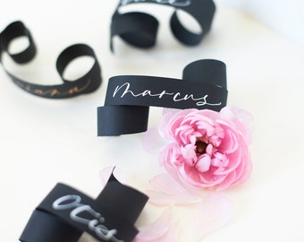 black scroll calligraphy name tag | modern wedding seating escort cards