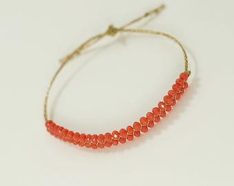 Women’s Bracelet – Coral Glass Beads, Adjustable, Boho Chic, Handmade in France