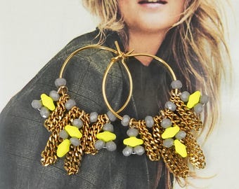 Neon Hoop Earrings for Women – 18K Gold Plated with Fluo Beads & Crystals, Pop Chic small hoops, Handmade in France