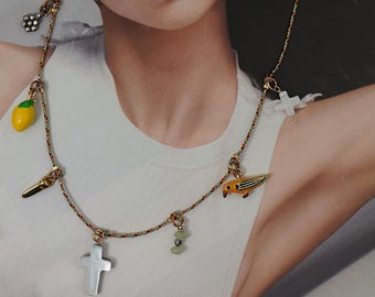 Women’s Grigri Necklace – Colorful Charm Pendant on Braided Cord, Boho Chic, Gold Filled 14K, Handmade in France