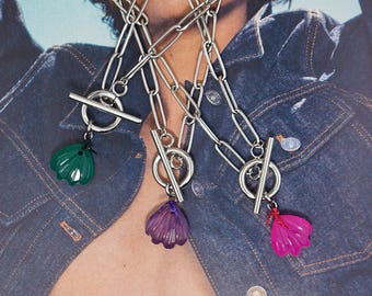 Chunky Silver Chain Choker Necklace – Semi-Precious Shell Pendant, Onyx / Amethyst / Rose Chalcedony, Boho Chic, Handmade in France