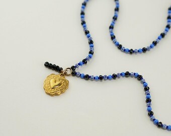 Women’s Beaded Choker – Blue & Black Beads with Gold Heart Charm, Boho Chic, Gold Filled 14K, Handmade in France