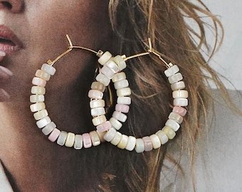 Women’s Hoop Earrings – Gold 24K with Pastel Heishi Beads, Boho Chic, Handmade in France