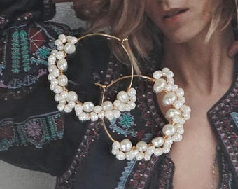 Gold Pearl Hoop Earrings 18K, Freshwater Pearl Hoops, Boho Chic Jewelry, Handmade in France