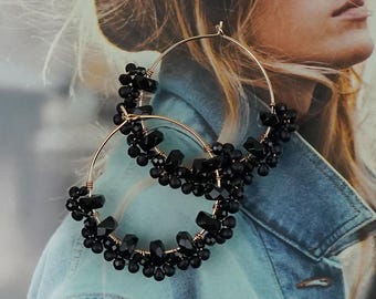 Gold Hoop Earrings 18K – Black Beaded Hoop Earrings, Boho Chic Jewelry, Lightweight Statement Hoops Handmade in France