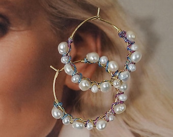 Gold 24K Hoop Earrings, Freshwater Pearls, Rainbow Thread, Boho, Handmade in France