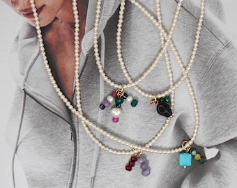 Freshwater Pearl Style Choker Necklace – Gemstone Charms, Gold Filled 14K, Boho Chic Jewelry, Handmade in France