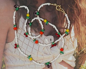 Women’s Choker Necklace – Colorful Beads with Fruit Charms, Boho Chic, Gold Filled 14K, Handmade in France