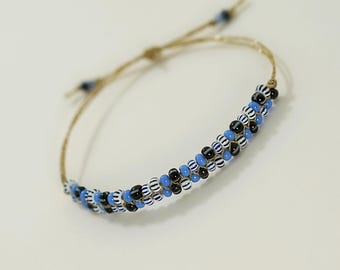 Blue & Black Seed Bead Bracelet – Handmade Adjustable Boho Chic Bracelet, Glass Beads, Womens Bracelet, Made in France