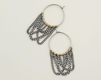 Women’s Silver Chain Hoop Earrings – Multi Chain Chandelier Hoops, Rock Style, Lightweight, Handmade in France