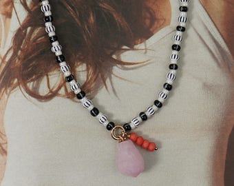 Black & White Beaded Choker Necklace – Jade Pendant, Gold Filled 14K, Boho Chic Jewelry, Handmade in France