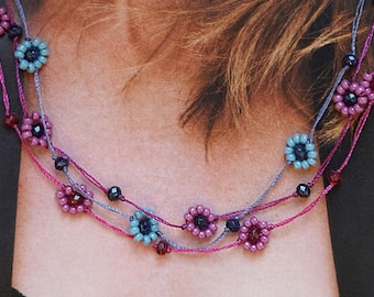 Minimalist Daisy Necklace with Jade Stones, Colorful Beads Choker, 14K Gold Filled, Handmade in France