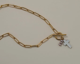 Chunky Gold Chain Choker Necklace – Freshwater Pearl & Mother-of-Pearl Cross, 24K Gold Plated, Boho Chic, Handmade in France