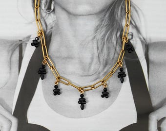 Gold Choker Necklace with Black Charms – Chunky Chain Statement, Handmade in France