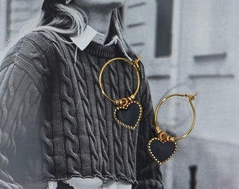 Women’s Mini Hoops – Gold 18K with Black Heart Pendants, Boho Chic huggies, Handmade in France