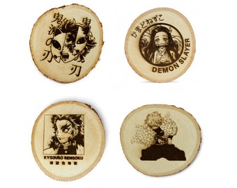 Demon Slayer Anime Wood Laser Engraved Coasters (each), Home decoration, Wooden coaster.