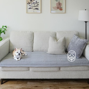 May include: A light gray sofa with a quilted gray sofa protector. A small dog is lying on the sofa. The sofa has three cushions and a gray throw pillow.