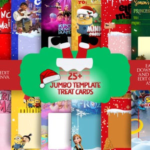 May include: A selection of vibrant treat card templates showcasing characters like the Grinch and Minions, with festive designs. The cards are labelled with text that reads "25+ Jumbo Template Treat Cards". The templates are designed for easy editing and printing.