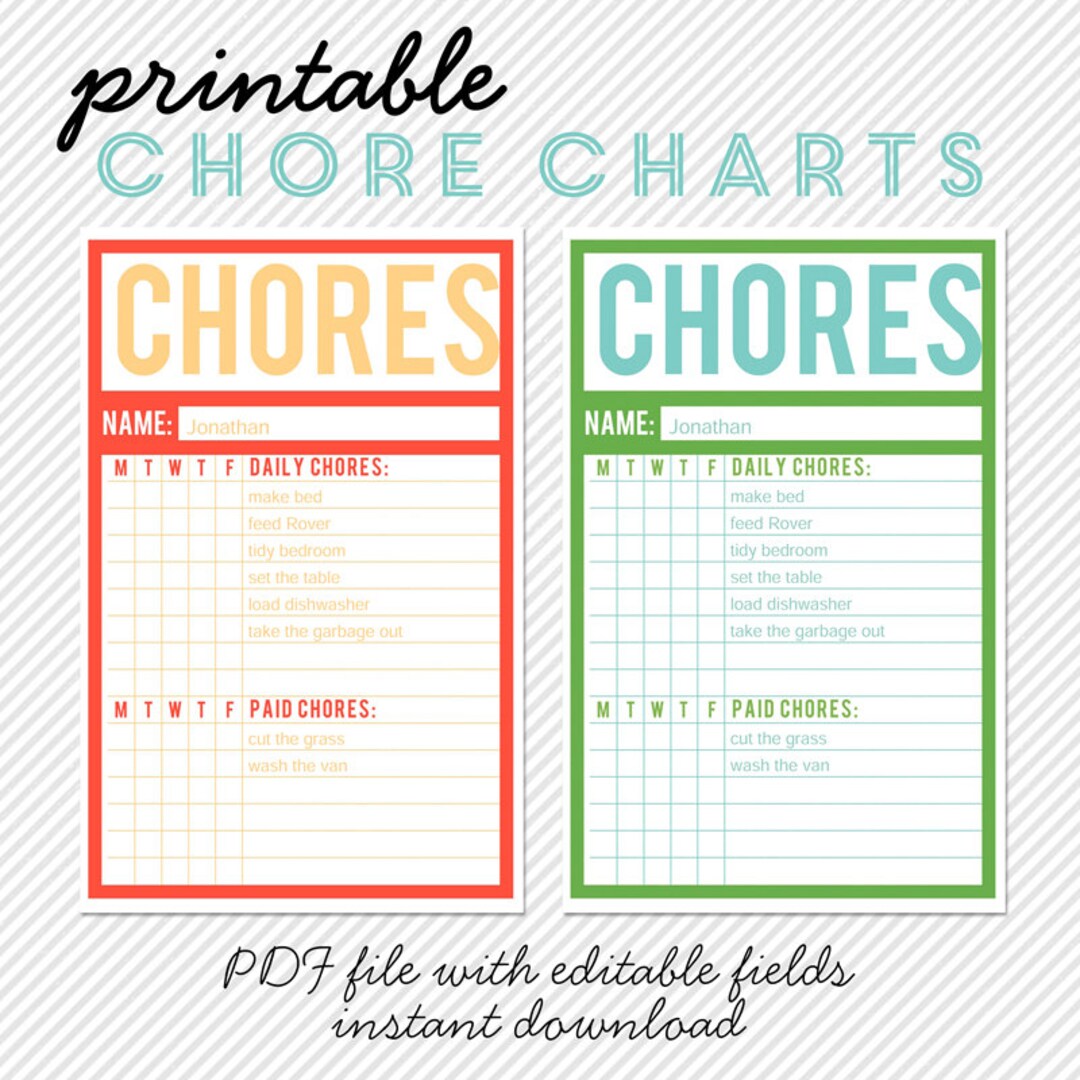 Printable Chore Charts - Editable PDF - Etsy