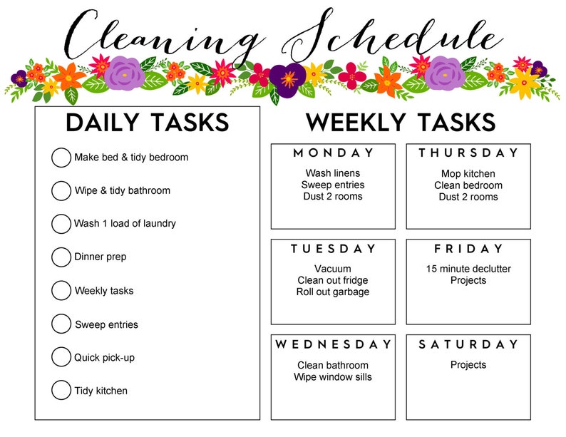 Printable Weekly Cleaning Shedule - Floral - Etsy