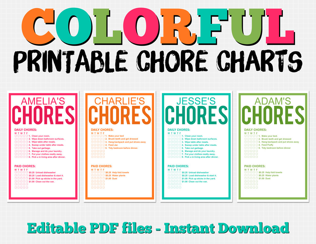 colorful customizable chore chart pack instant download etsy customizable chore chart template