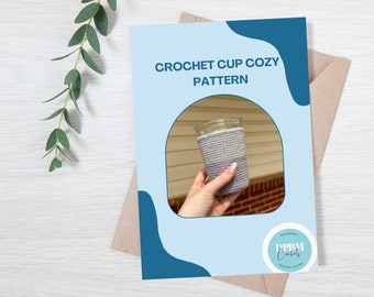 May include: A crochet cup cozy pattern with a photo of a gray and purple cup cozy on a clear plastic cup. The pattern is from DPRM Crochet, a handmade crochet shop.