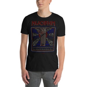 May include: Black t-shirt with a graphic of a fist holding a microphone. The graphic is in red, white, and blue and has the text "NWOBHM" and "New Wave Of British Heavy Metal" on it.