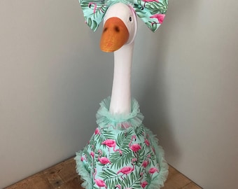 Flamingo Dress and Bow Set, Aqua Pink Cotton Fabric, Porch Goose Outfit