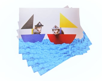 Cute Pirate and Sailor Hedgehogs Postcard, set of 5, Alasdair & Magoo sail the twee