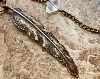 Vintaj Artisan Brass Austrian Crystal Feather Necklace, Vintage Tooled Brass Necklace, Solid Brass Pendant 24" Chain - REF N004