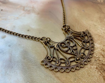 Vintaj Artisan Brass Filigree Necklace, Vintage Tooled Brass Necklace, Solid Brass Pendant 30" Chain - REF N002