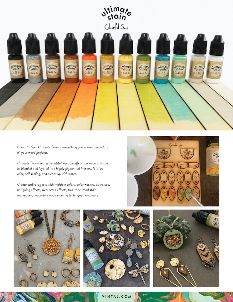 May include: A set of 12 small bottles of colorful wood stain with the brand name "Ultimate Stain" and the text "Colorful Soul". The bottles are arranged in a row on a wooden surface with a background of colorful wood stain samples.