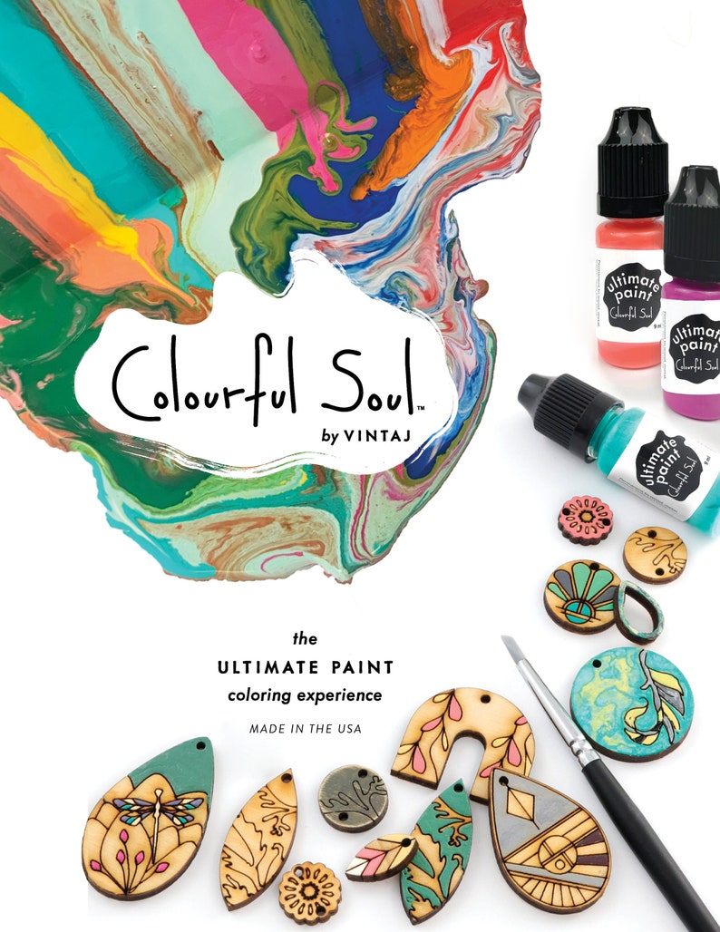 May include: A set of wooden shapes with intricate designs, ready to be painted with colorful acrylic paints. The paints are labeled "Ultimate Paint" and "Colorful Soul". The image also includes a paintbrush and a background of colorful abstract paint.