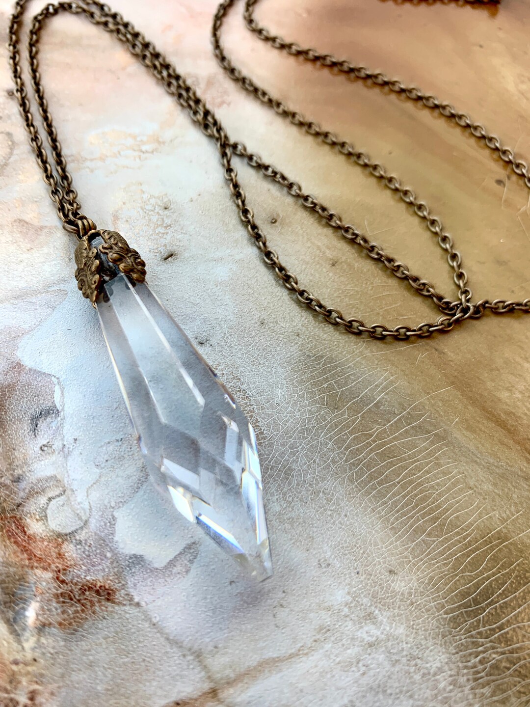 Vintaj Artisan Brass Crystal Wisteria Necklace, Vintage Tooled Brass