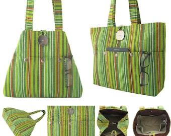 green purse, handmade handbag, striped tote bag, fabric purse, vegan shoulder bag, eco friendly bag, multi pocket bag, ready to ship