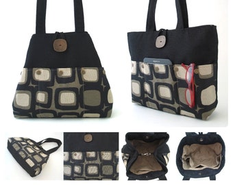 unique handbag, fabric tote bag converts to hobo, art shoulder bag, diaper bag, fabric purse, black bag, best selling item, ready to ship