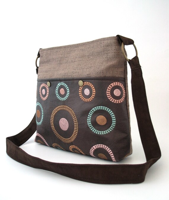brown shoulder bag, womens Crossbody Bag, retro purse, hobo bag,  Minimalist Vegan Leather Bag with embroidery , gift for her, ready to ship