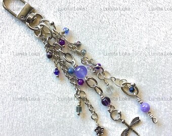 Dragonfly/Birthday gift, silver purse dangle, handbag charm chain, purse accessory, hand wired bag charms, amethyst/agate journal pull charm